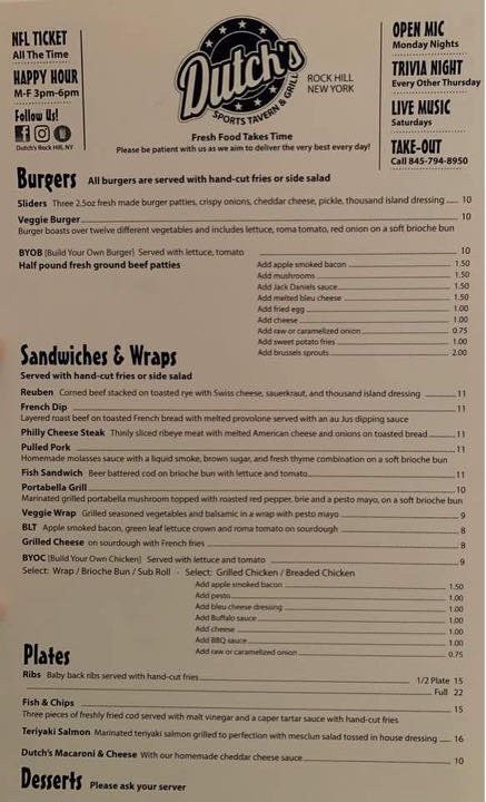 Printed menu with brunch and taco sections.