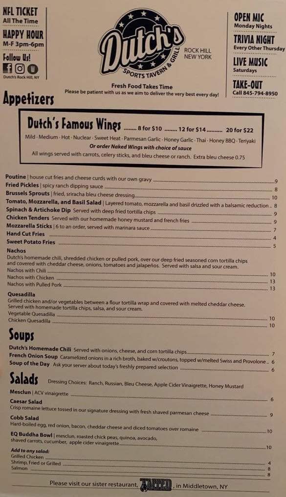 Menu page showing wings, tacos, and appetizers.